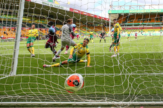 West Ham's Michail Antonio scores a goal during a Premier League match between Norwich City and West Ham in Norwich, England, on July 11.
