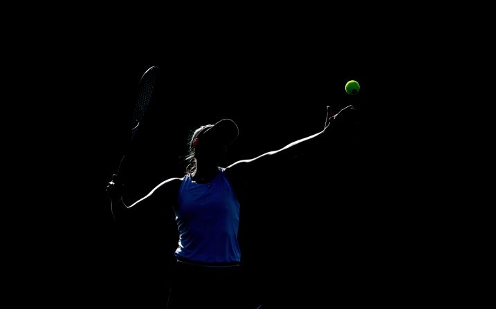 Alicia Dudney serves during day two of the British Tour tennis tournament at the National Tennis Centre in London on July 10.