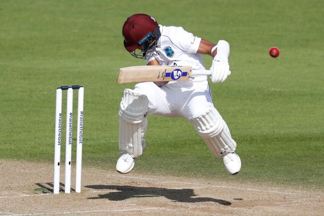 West Indies' Shane Dowrich ducks a bouncer on the third day of the first Test cricket match between England and the West Indies at the Ageas Bowl in Southampton, England, on July 10.
