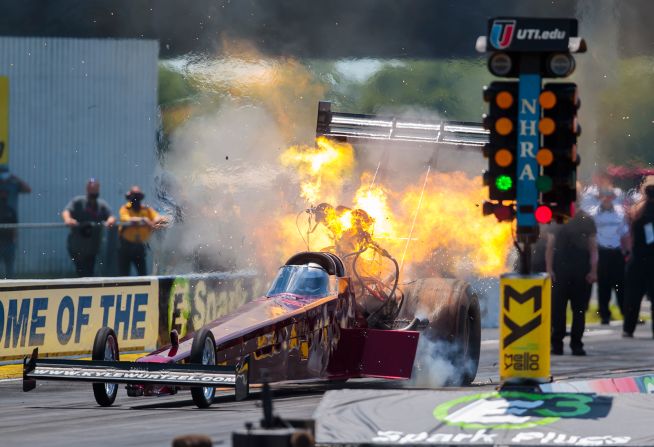 NHRA top fuel driver Kyle Wurtzel has an engine explode during qualifying for the E3 Spark Plugs Nationals at Lucas Oil Raceway in Clermont, Indiana, on July 11.