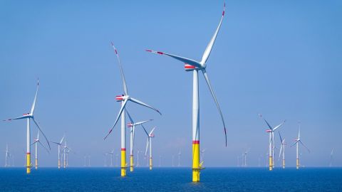 Wind turbines in the Baltic Sea between the Danish islands of Rügen and Bornholm.