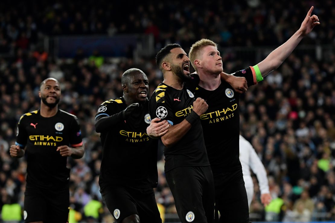 Kevin De Bruyne (right) celebrates scoring for City against Real Madrid in the Champions League earlier this season. 