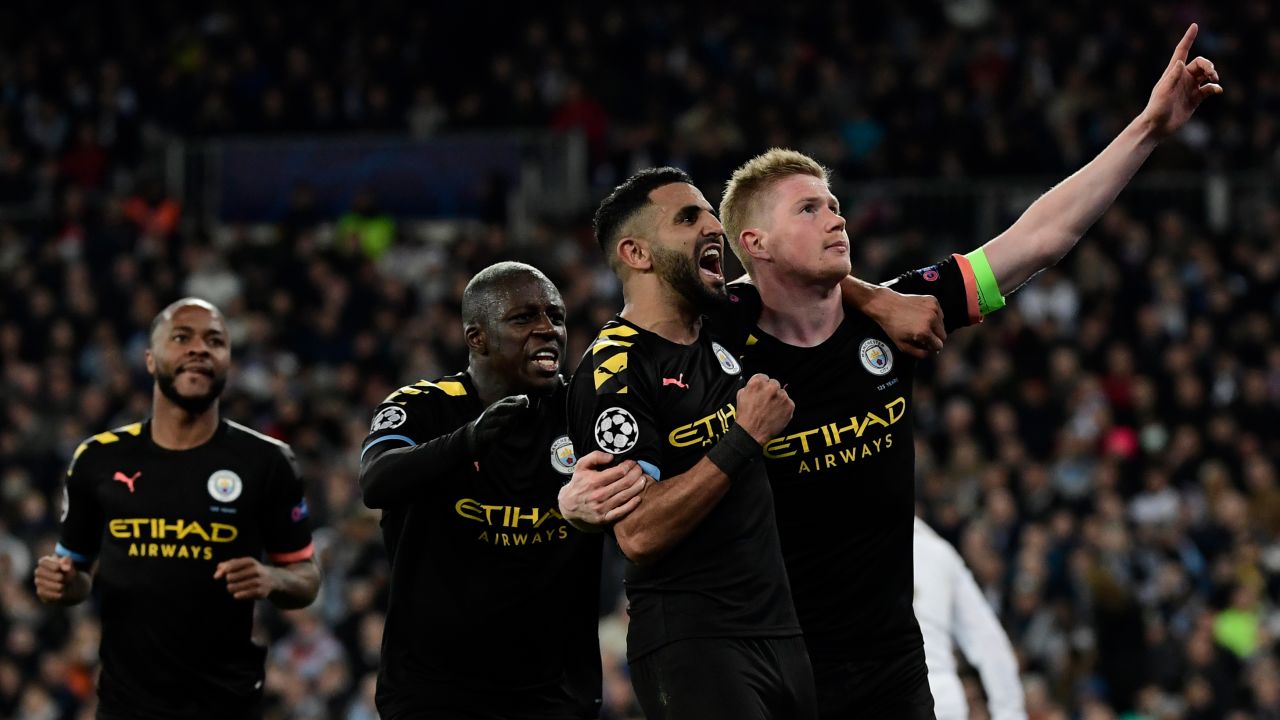 Kevin De Bruyne (right) celebrates scoring for City against Real Madrid in the Champions League earlier this season. 