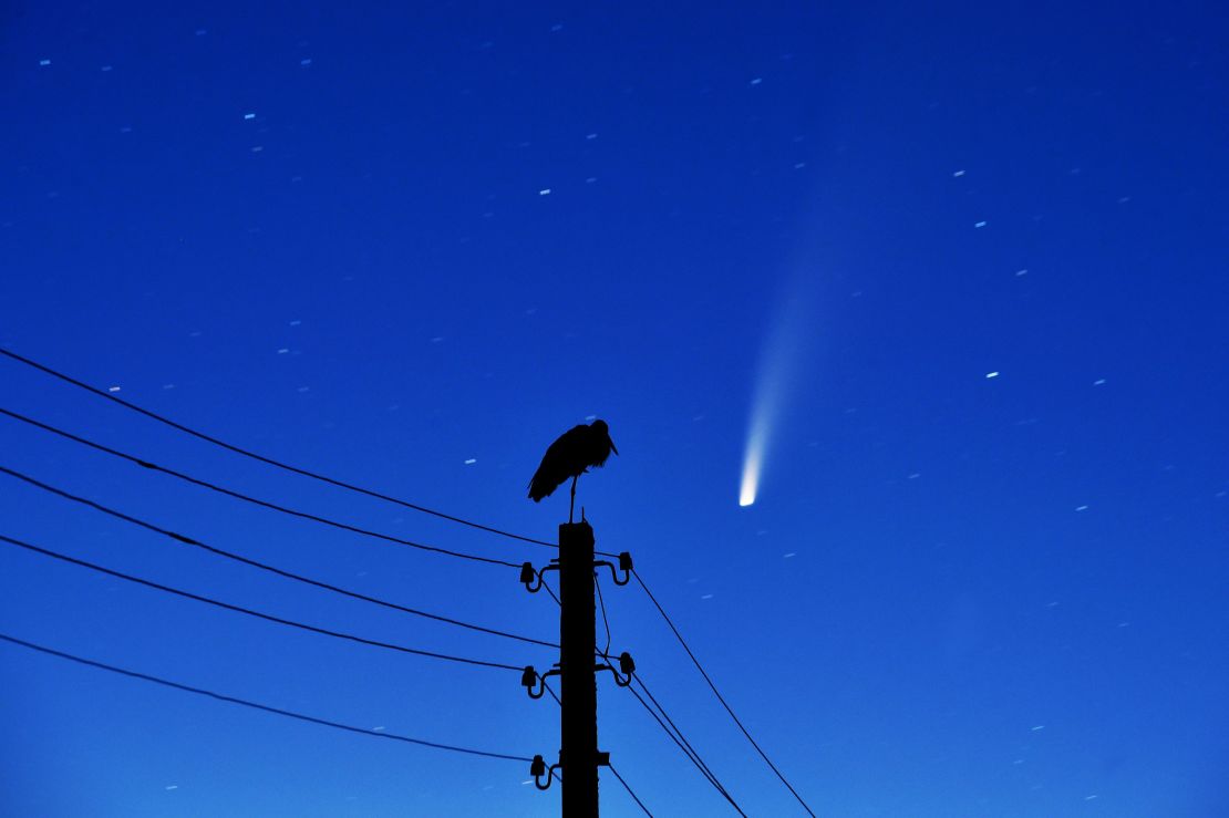 The "NEOWISE" comet is seen in the sky above Kreva, Belarus, on July 13. 