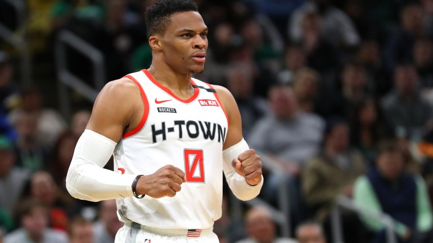 BOSTON, MASSACHUSETTS - FEBRUARY 29: Russell Westbrook #0 of the Houston Rockets reacts during the second half of the game against the Boston Celtics  at TD Garden on February 29, 2020 in Boston, Massachusetts. The Rockets defeat the Celtics 111-110 in overtime.  (Photo by Maddie Meyer/Getty Images)