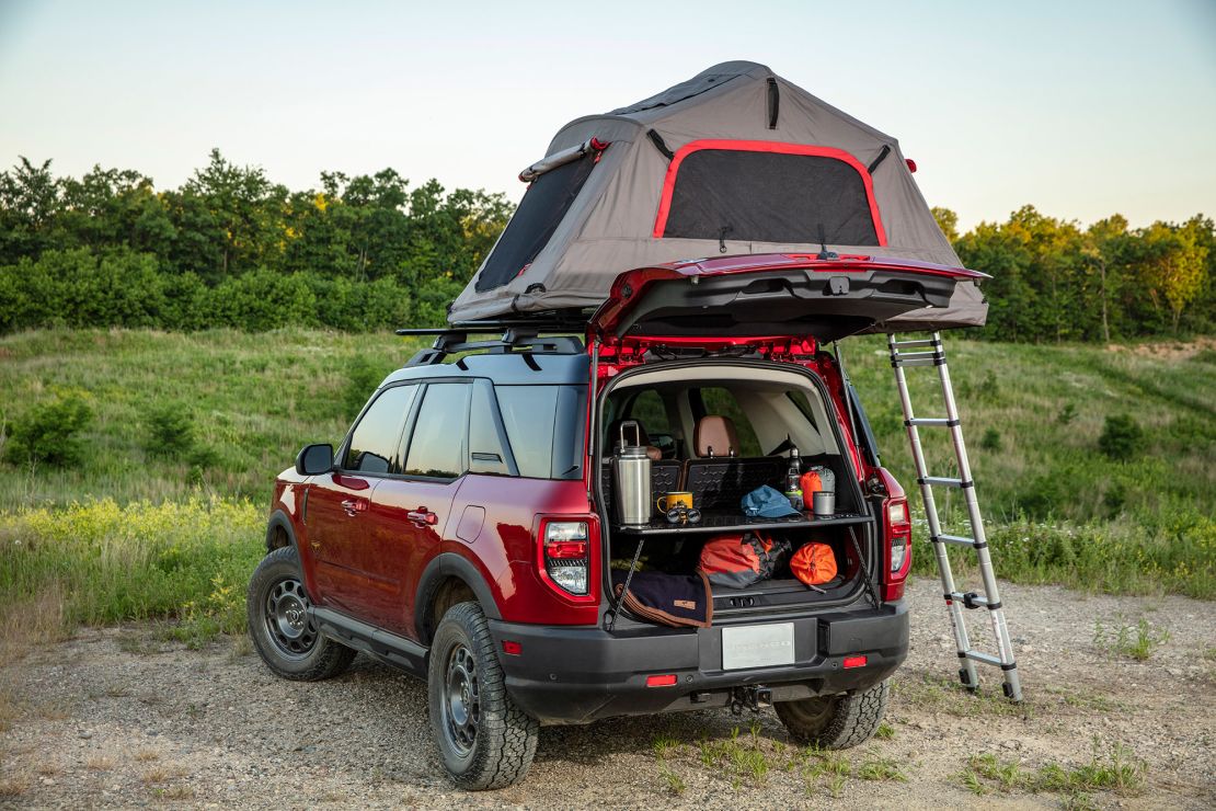 The Bronco Sport has standard rooftop cargo rails that work as tie-down points for rooftop tents.