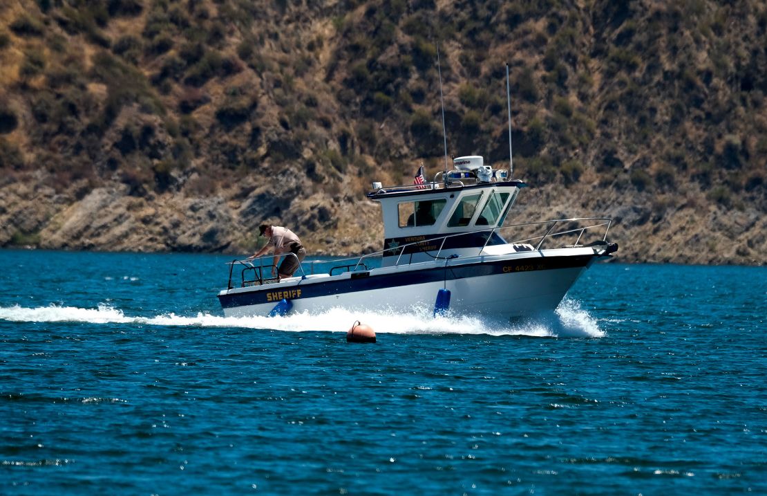 A boat of the Ventura County Sheriff's Office is seen, Monday, July 13, 2020 in Lake Piru, Calif. Naya Rivera's body was found in the lake six days after she went missing.