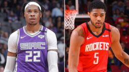 Richaun Holmes of the Sacramento Kings, left,  and  Bruno Caboclo of the Houston Rockets 