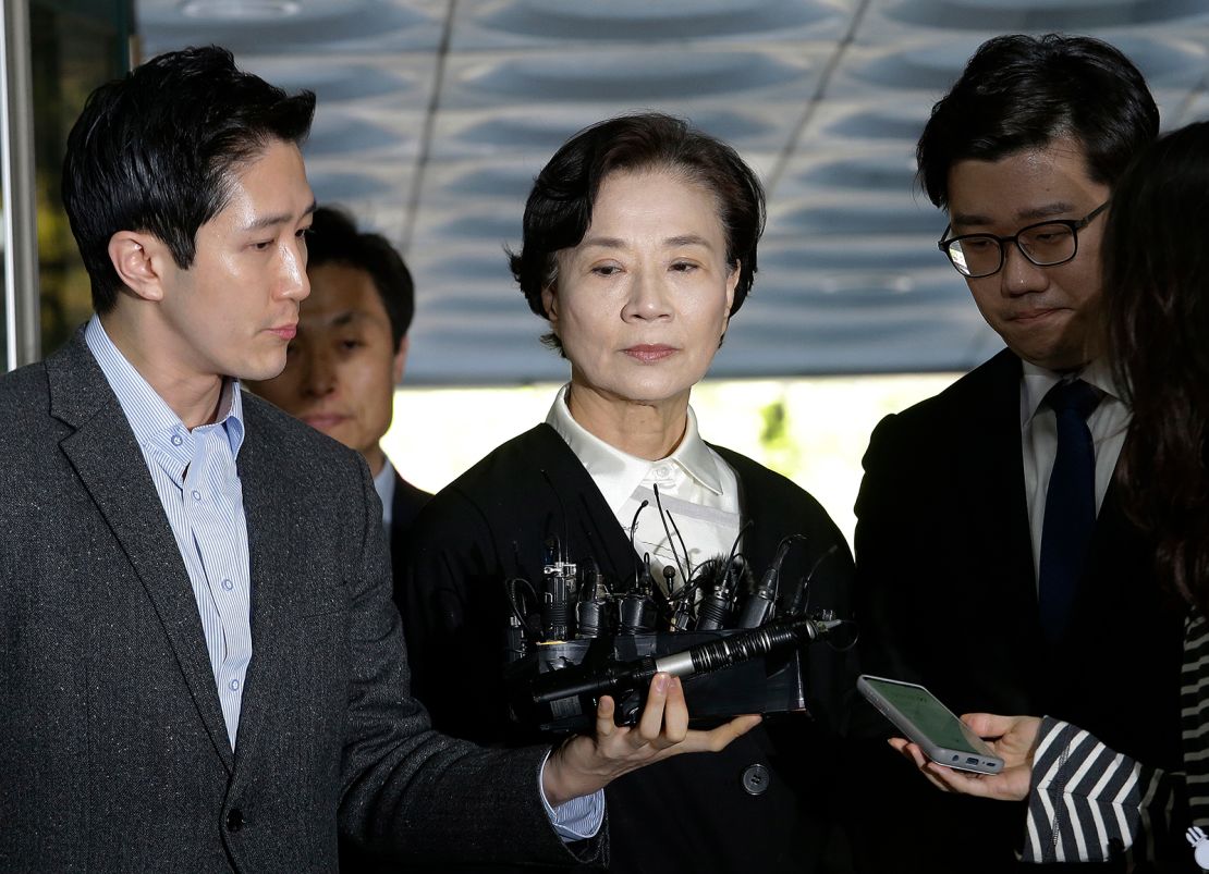 Lee Myung-hee, wife of the late Korean Air President Cho Yang-ho, center, arrives at the Seoul Central District Court in Seoul, May 2, 2019.