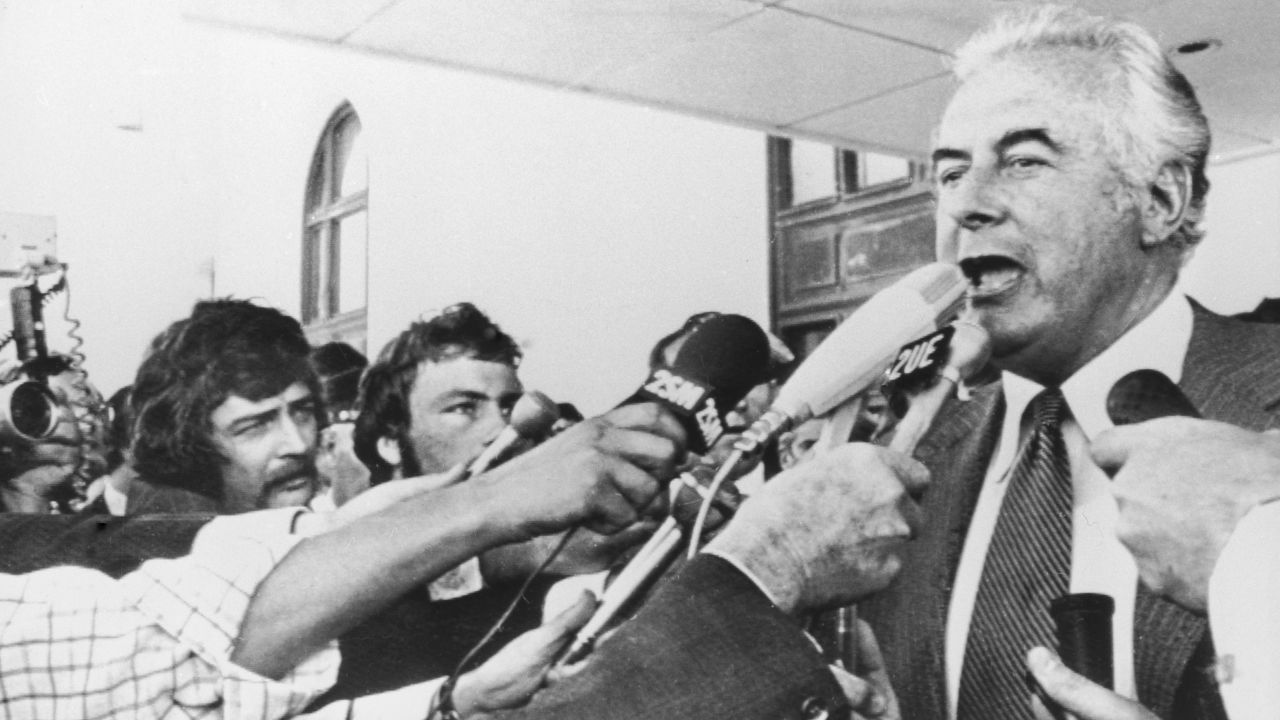 Australian Prime Minister Gough Whitlam addresses reporters outside the Parliament building in Canberra after his dismissal by Australia's Governor-General, 11th November 1975.