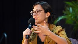 MIAMI, FL - NOV 18: Staff editor and writer for the New York Times, Bari Weiss is seen on stage during day two of the Miami Book Fair presented by Miami Dade College, Wolfson Campus on November 18, 2019 in Miami, Florida. (Photo by Alberto E. Tamargo/Sipa USA)(Sipa via AP Images)