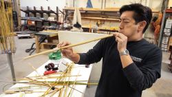 Grant Imahara tests his bamboo blowpipe in preparation for the upcoming ninja myth segment for the cable television show "Mythbuster" in San Francisco, California, February 29, 2008.  (Photo by John Walker/Fresno Bee/Tribune News Service/Getty Images)