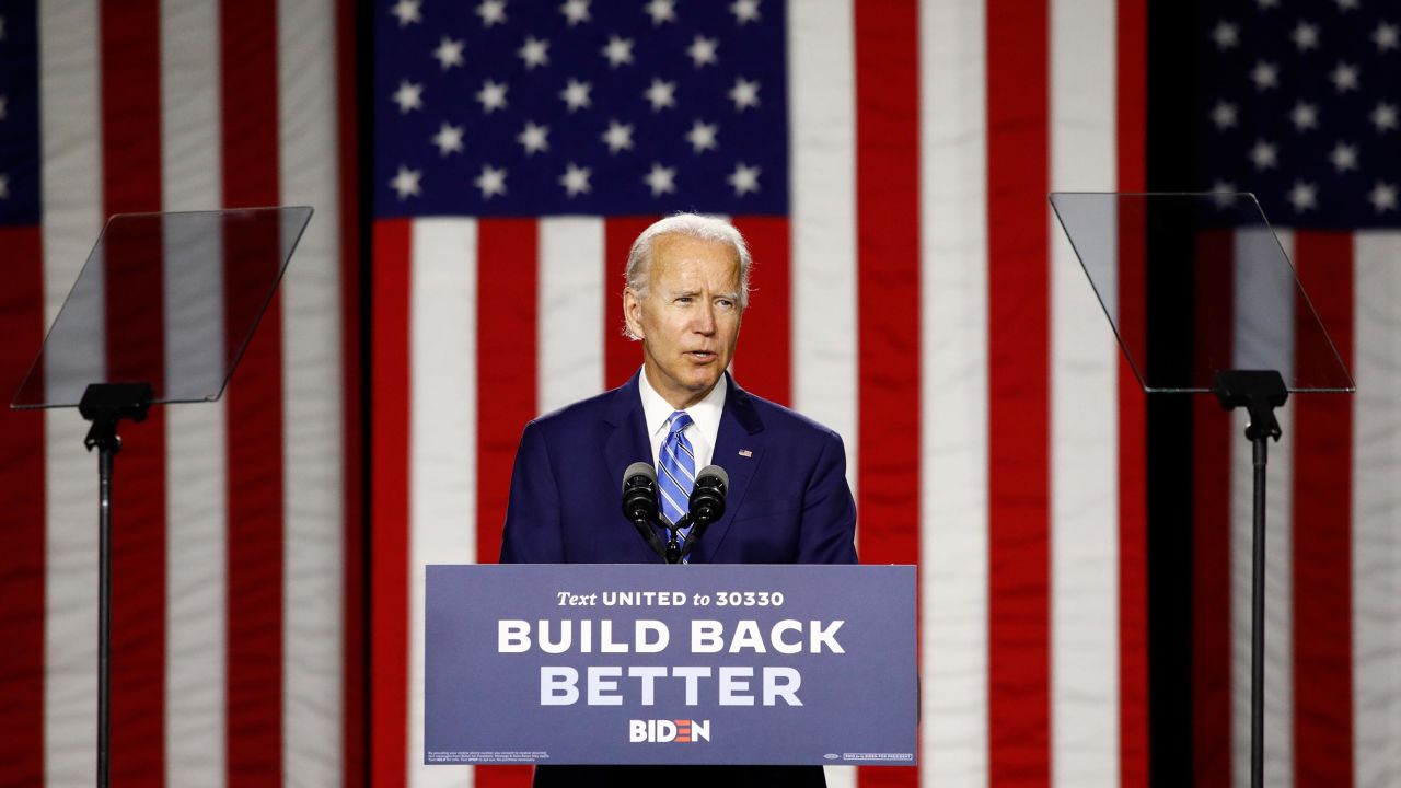Democratic presidential candidate, former Vice President Joe Biden speaks during a campaign event, Tuesday, July 14, 2020, in Wilmington, Delaware.