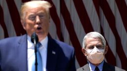U.S. President Donald Trump is flanked by Dr. Anthony Fauci, director of the National Institute of Allergy and Infectious Diseases while speaking about coronavirus vaccine development in the Rose Garden of the White House on May 15, 2020 in Washington, DC. 