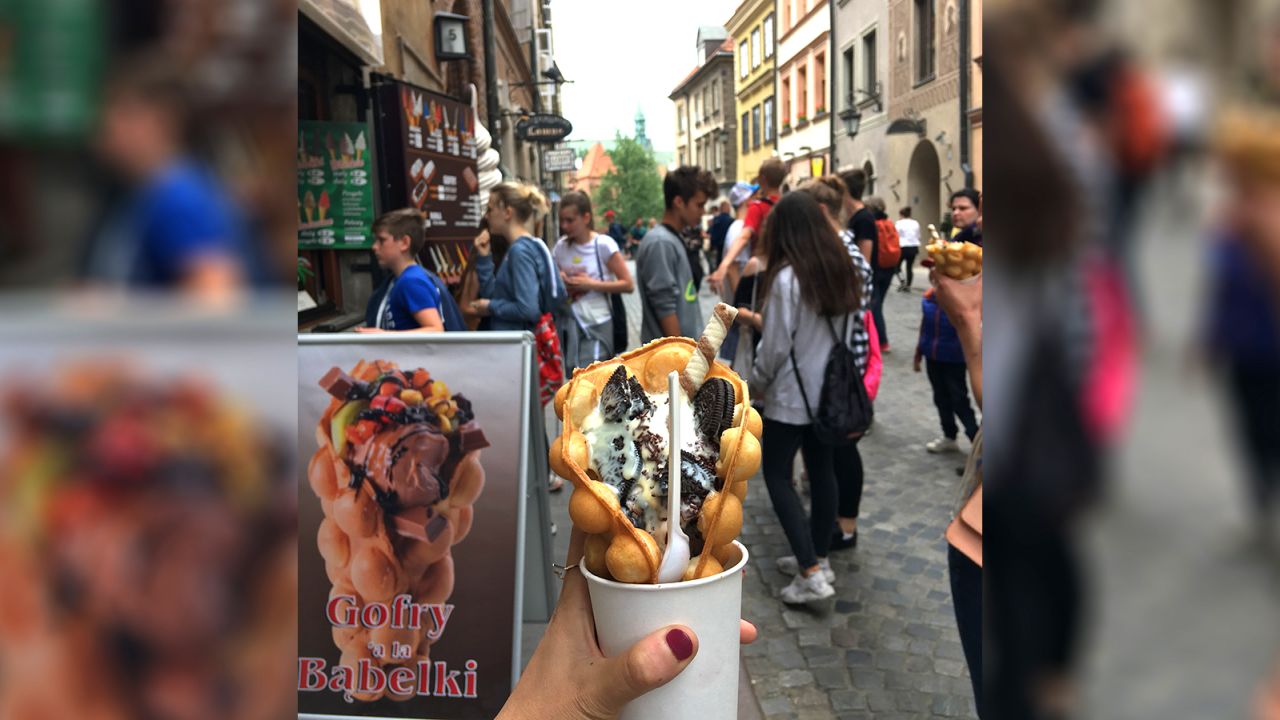 The evolved bubble waffle, served as an ice cream cone, has helped the Hong Kong creation gain popularity in Europe. This version was found in Warsaw, Poland.