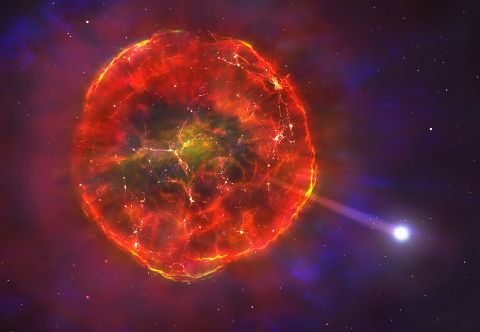 When a star's mass is ejected during a supernova, it expands quickly. Eventually, it will slow and form a hot bubble of glowing gas. A white dwarf will emerge from this gas bubble and move across the galaxy. 