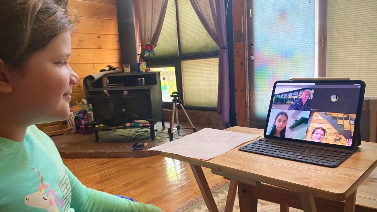 Jamie Antoun's daughter Emily connects with friend Djordie Živković's classroom in Serbia. She joined as a special guest after bonding with Djordie during their Empatico home-to-home connections.