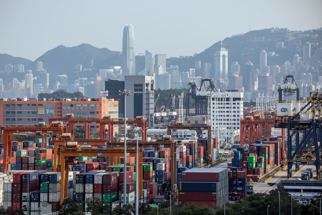 Containers sit stacked at the Kwai Tsing Container Terminal in Hong Kong in February.