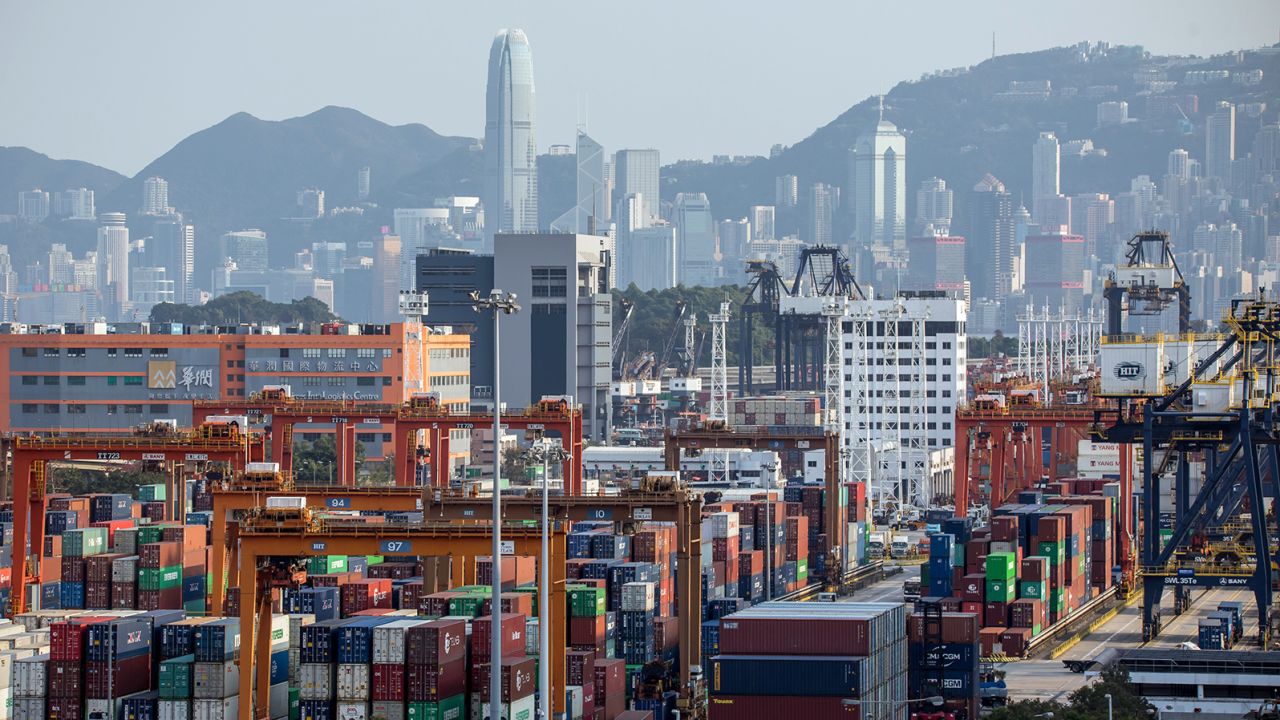 Containers sit stacked at the Kwai Tsing Container Terminal in Hong Kong in February.