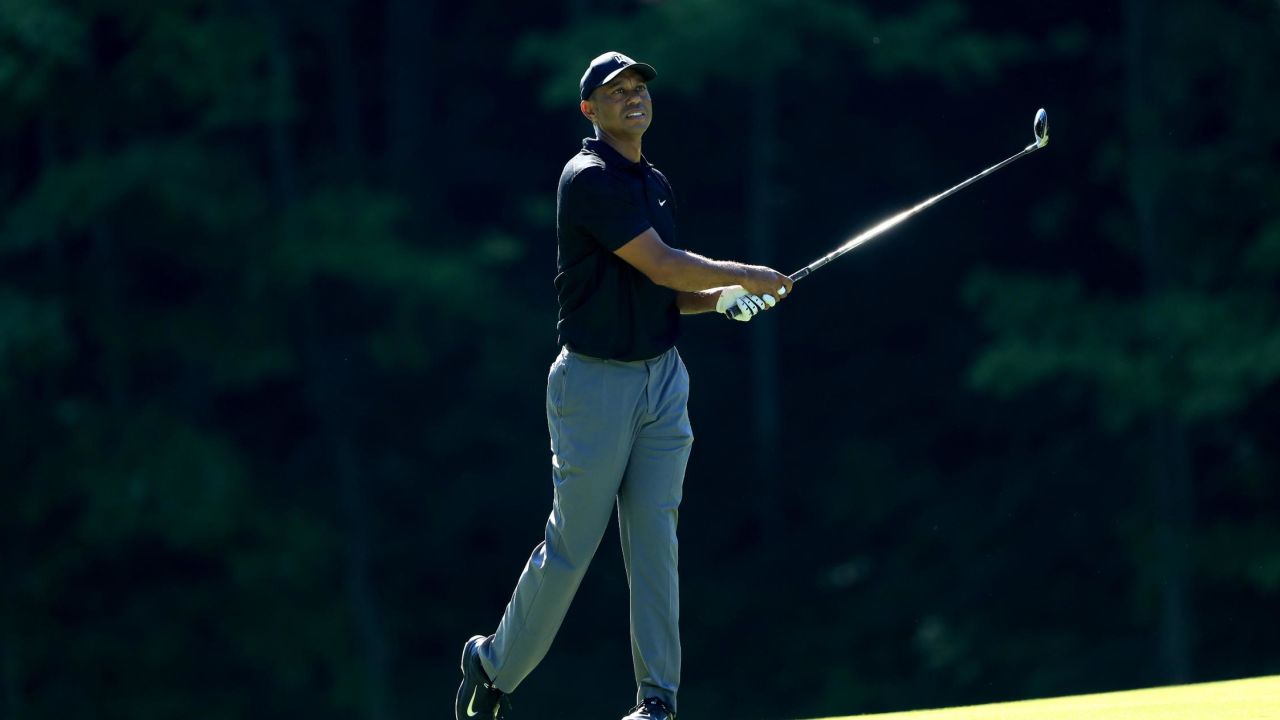 Woods plays a shot during a practice round prior to The Memorial Tournament.