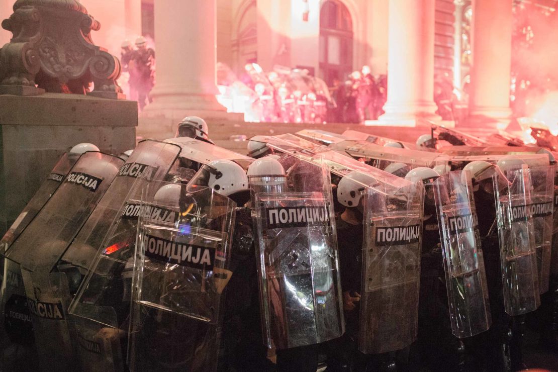 Protesters face off against police during an anti-government rally in Belgrade, Serbia on Friday, July 11, as the country faces its highest coronavirus death toll.