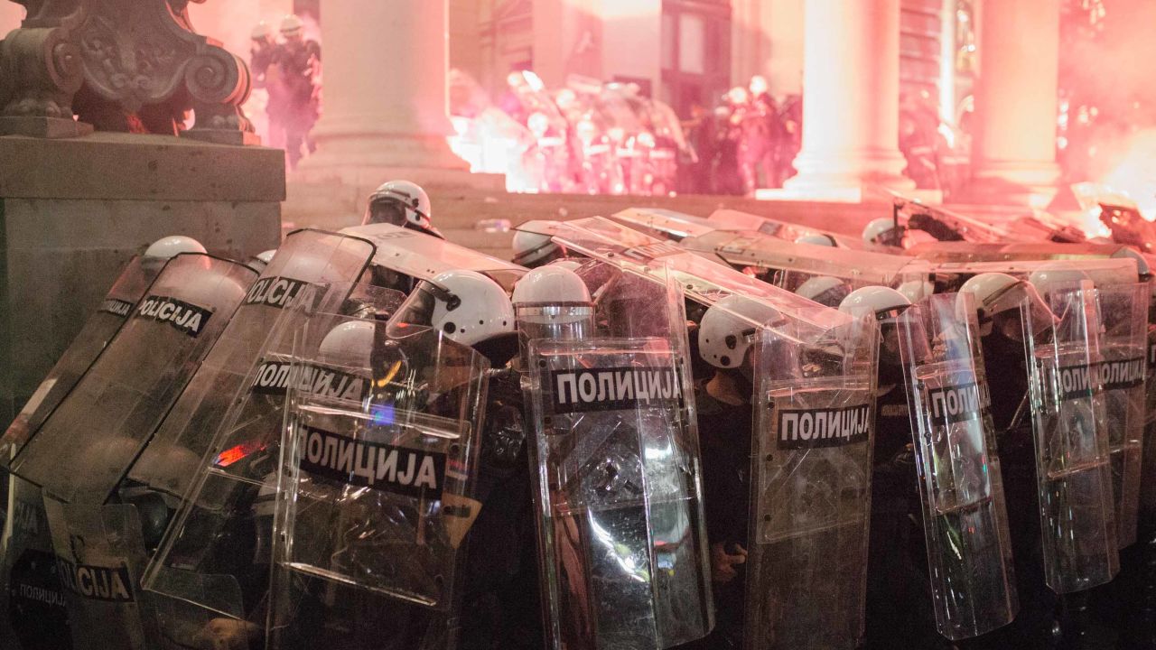 Protesters face off against police during an anti-government rally in Belgrade, Serbia on Friday, July 11, as the country faces its highest coronavirus death toll.