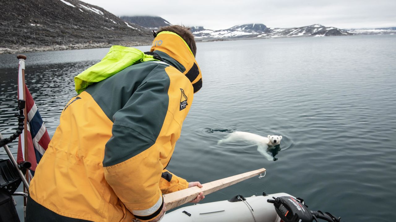 A wooden pole used to shove away ice came in handy during the crew's first up-close polar bear encounter.
