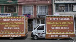"Orange Alert" signs are displayed in the Ciudad Bolivar neighborhood of Bogota, Colombia, on Tuesday, July 14, 2020. Colombia's government approved a proposal by the Bogota mayors office to reimpose from July 13 to August 23 some the of the lockdown measures that had been eased. Photographer: Ivan Valencia/Bloomberg via Getty Images