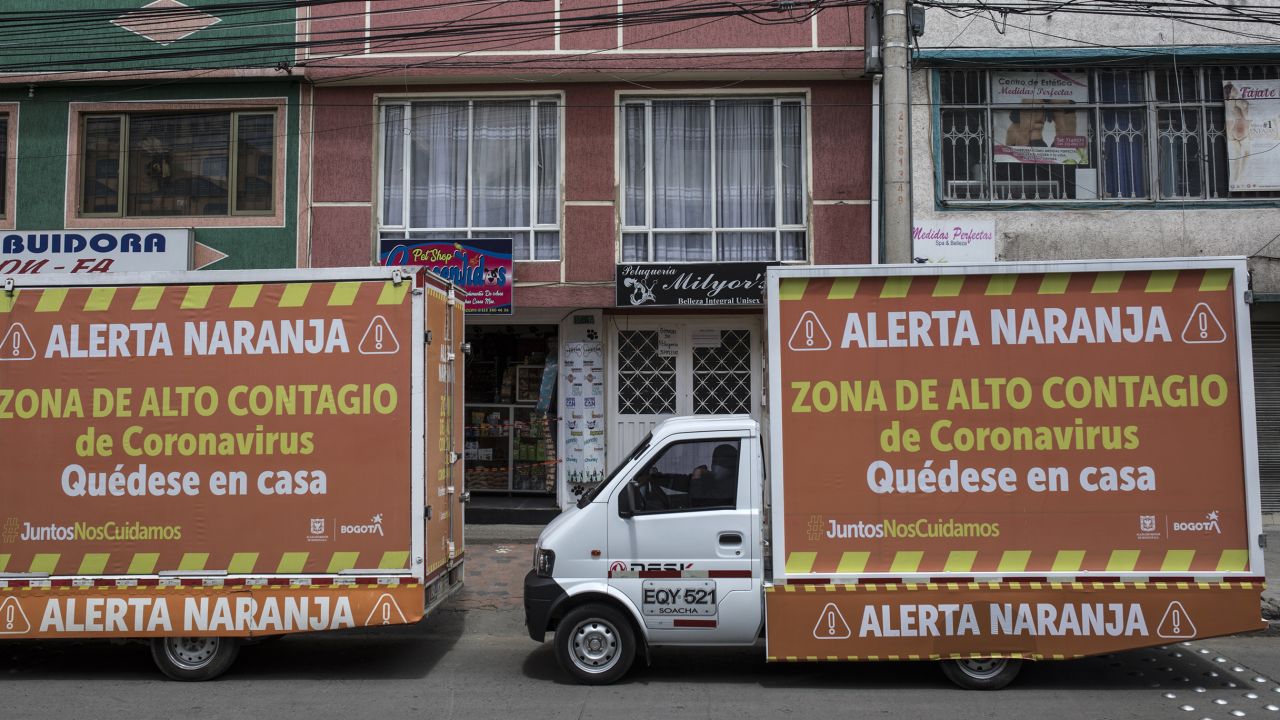 "Orange Alert" signs are displayed in the Ciudad Bolivar neighborhood of Bogota, Colombia on July 14, 2020. Colombia ranks 5th among Latin America nations for cases of coronavirus.