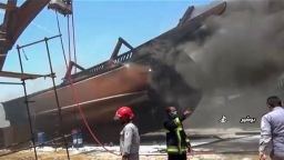 A screen grab taken from a from Iranian State TV IRIB on July 15, 2020, shows firefighters combatting a blaze at the Delvar Kashti Bushehr boat factory in the Iranian city of Bushehr. (Photo by - / IRIB NEWS AGENCY / AFP) / RESTRICTED TO EDITORIAL USE - MANDATORY CREDIT - AFP PHOTO / HO / IRIB" NO MARKETING NO ADVERTISING CAMPAIGNS - DISTRIBUTED AS A SERVICE TO CLIENTS FROM ALTERNATIVE SOURCES, AFP IS NOT RESPONSIBLE FOR ANY DIGITAL ALTERATIONS TO THE PICTURE'S EDITORIAL CONTENT, DATE AND LOCATION WHICH CANNOT BE INDEPENDENTLY VERIFIED  - NO RESALE - NO ACCESS ISRAEL MEDIA/PERSIAN LANGUAGE TV STATIONS/ OUTSIDE IRAN/ STRICTLY NI ACCESS BBC PERSIAN/ VOA PERSIAN/ MANOTO-1 TV/ IRAN INTERNATIONAL /  (Photo by -/IRIB NEWS AGENCY/AFP via Getty Images)