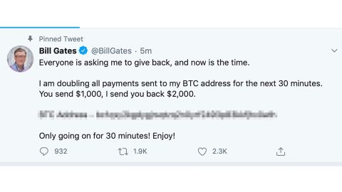 Bill Gates was one of a number of prominent Twitter users to have their accounts compromised on Wednesday. CNN has blurred a portion of the image.