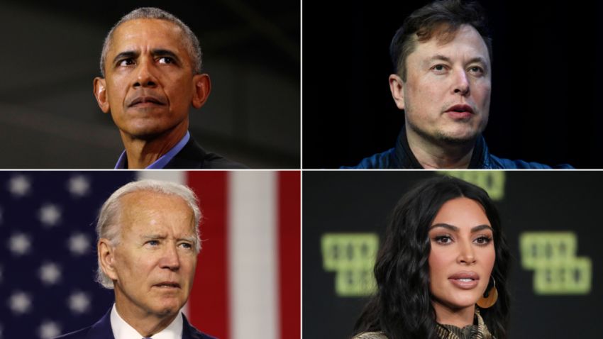 From left clockwise, Barack Obama, Elon Musk, Kim Kardashian and Joe Biden