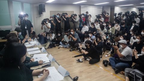 Leading women's rights activists and a lawyer hold a press conference for a female secretary of the late Seoul Mayor Park Won-soon on July 13, 2020 in Seoul, South Korea.