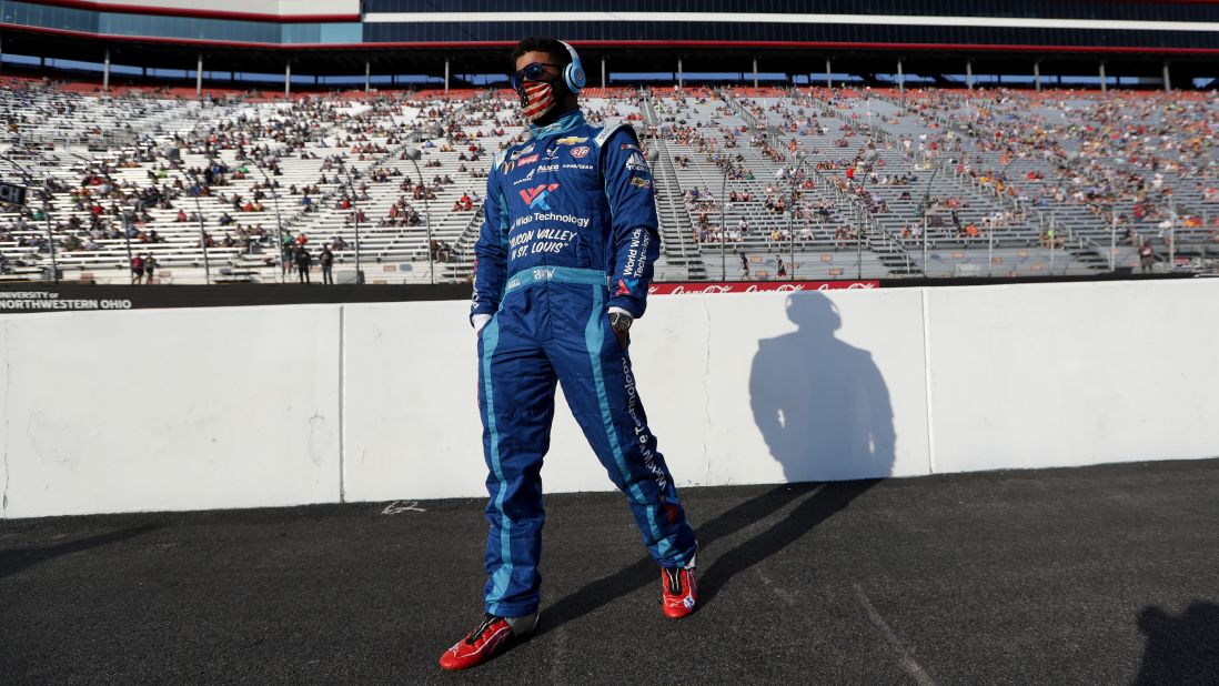 Bubba Wallace arrives before the start of the race.