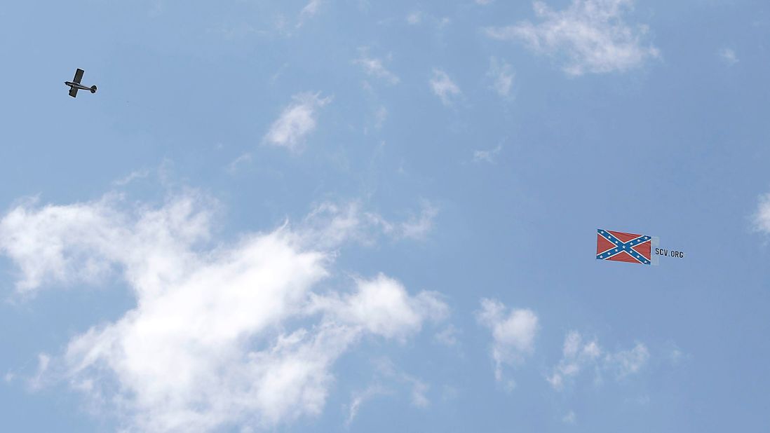 A Confederate flag paid for by the Sons of Confederate Veterans is flown over Bristol Motor Speedway before the race.