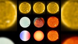 ESA's Solar Orbiter is revealing the many faces of the Sun. The Extreme Ultraviolet Imager (EUI) Full Sun Imager (FSI) took the images in the top row and far right column across the week following 30 May 2020, and contributed to the central image.
The yellow images, taken at the extreme ultraviolet wavelength of 17 nanometres, show the Sun's outer atmosphere, the corona, which exists at a temperature of around one million degrees. The red images, taken at a slightly longer wavelength of 30 nanometres,  show the Sun's transition region, which is an interface between the lower and upper layers of the solar atmosphere. In this region, which is only about 100 km thick, the temperature increases by a factor of up to 100 to reach the one million degrees of the corona.
Solar Orbiter will travel around the Sun and out of the ecliptic plane, which loosely defines where the planets orbit. So, EUI will be able to image the far side of the Sun as well as the solar poles. The middle image shows projected, simultaneous solar images from EUI FSI (red) at Solar Orbiter's position during its first perihelion, the closest point in its orbit to the Sun, and the NASA Solar Dynamic Observatory mission (gray) in Earth orbit.
The image in the middle of the first column, was taken by the Polarimetric and Helioseismic Imager (PHI) instrument on 18 June 2020. It shows a "magnetic map of the Sun" that reveals the magnetic field strengths on the solar surface. In the bottom right-hand corner there is the beginning of an active region. It can be seen from the closely neighbouring black and white regions, which signify opposite magnetic polarities. In times of increased magnetic activity, plots like this will show many more such active regions.
The blue, white and red image at bottom left is a tachogram of the Sun, again taken with PHI. It shows the line of sight velocity of the Sun, with the blue side turning to us and the red side turning away. In times of increased magnetic activity, this plot will become more turbulent.
Next to this image, is a view of the Sun in visible light, taken by PHI on 18 June 2020. There are no sunspots because there is very little magnetic activity. 
Solar Orbiter/EUI Team; PHI Team/ESA & NASA

