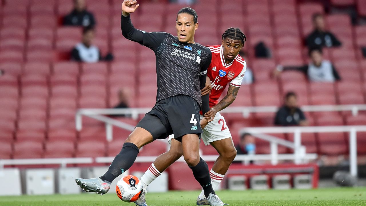 Virgil van Dijk, under pressure from Reiss Nelson, misplaces his pass allowing Alexandre Lacazette to equalize for Arsenal.