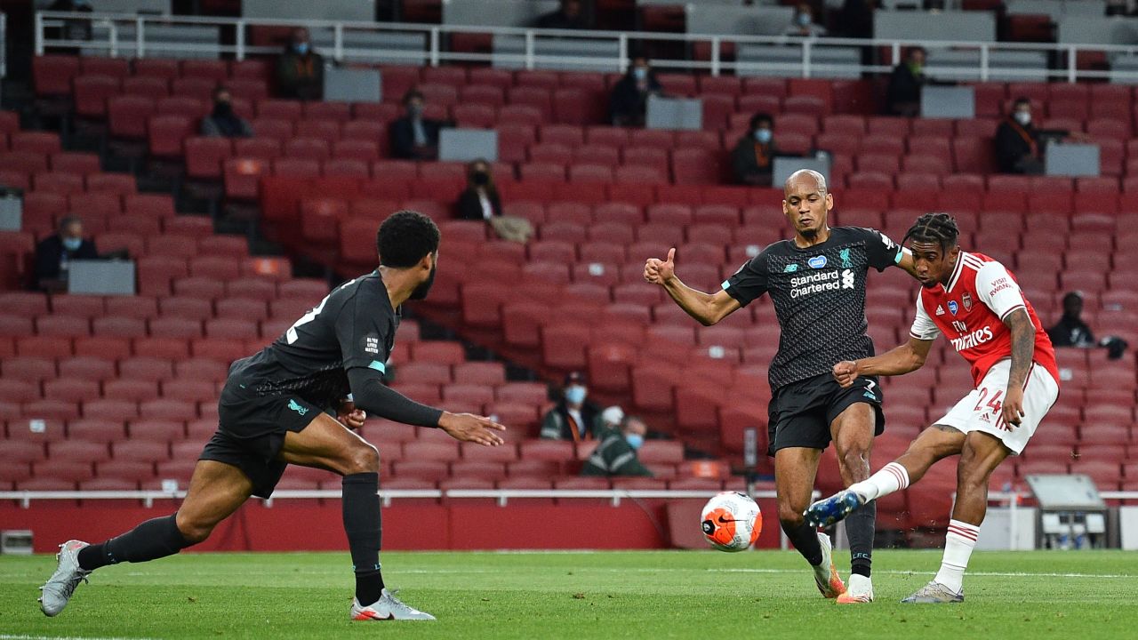 Nelson scores to give Arsenal the lead following Alisson's mistake.