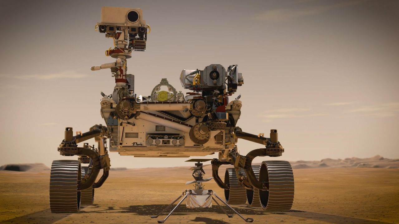 This artist's concept shows the rover leaving Ingenuity on its surface.