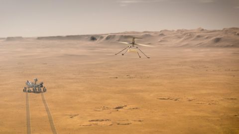 This illustration shows the rover observing Ingenuity's flight from a safe distance.