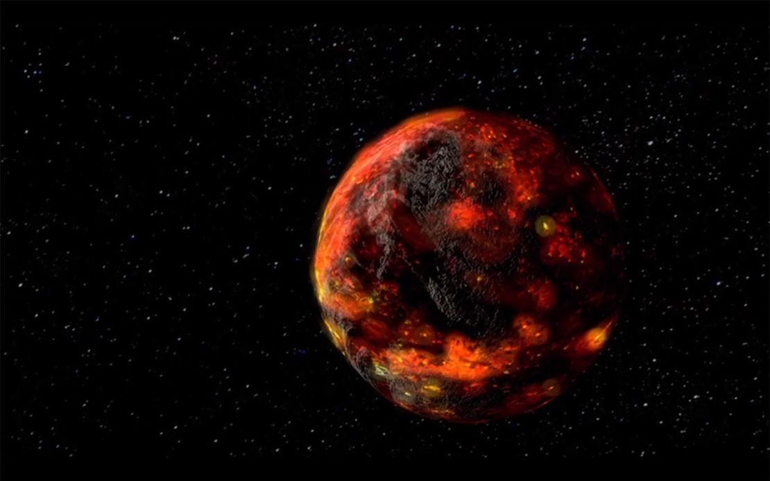 This illustration from NASA depicts the moon when it was molten early in its history. 