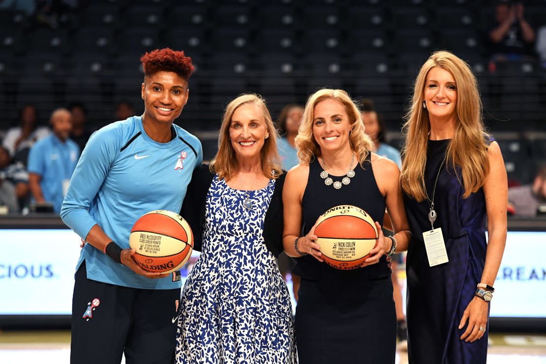 Angel McCoughtry #35 (left) of the Atlanta Dream is recognized for reaching 5,000 career points with Head Coach Nicki Collen and Atlanta Dream co-owners Mary Brock and Kelly Loeffler (far right)before the game against the Minnesota Lynx on May 29, 2018 at McCamish Pavilion in Atlanta. 