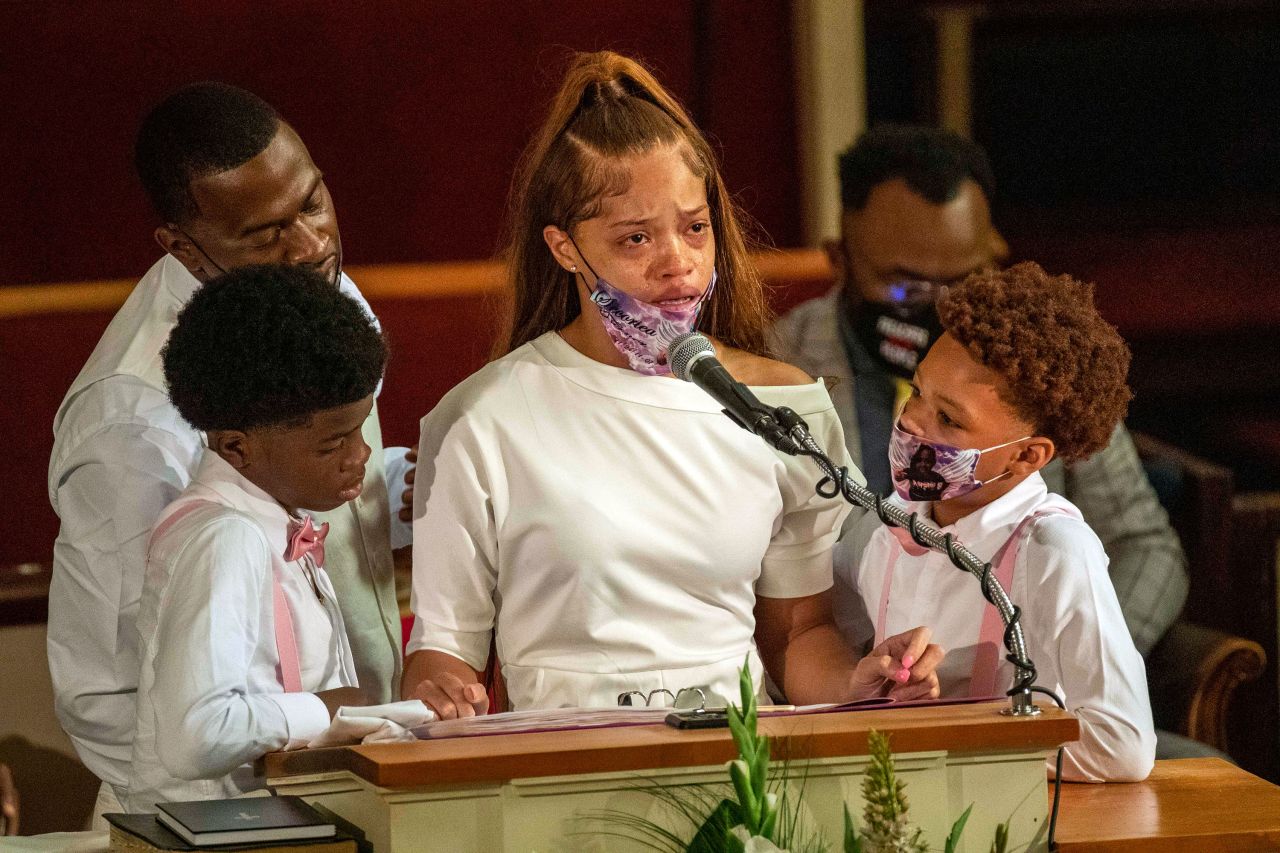 Charmaine Turner, the mother of Secoriea Turner, becomes emotional while reciting a poem during her daughter's memorial service in Atlanta on Wednesday, July 15. Secoriea, 8, was fatally shot July 4 near the Wendy's where a police officer killed <a href="https://www.cnn.com/2020/06/23/us/rayshard-brooks-funeral/index.html" target="_blank">Rayshard Brooks</a> last month. A suspect in her shooting death <a href="https://www.cnn.com/2020/07/15/us/secoriea-turner-warrant-atlanta/index.html" target="_blank">has turned himself in to police.</a>