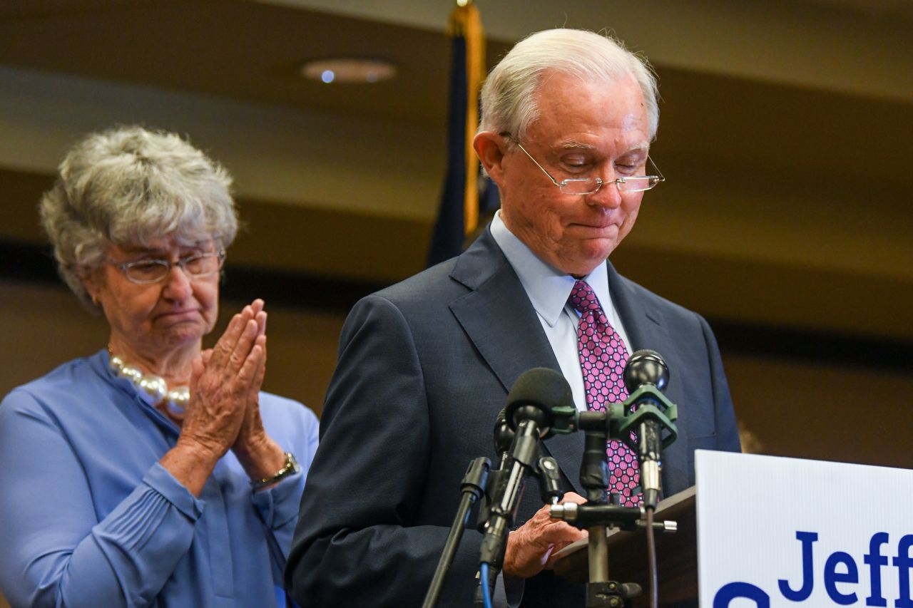 Former US Attorney General Jeff Sessions is joined by his wife, Mary, as he delivers his concession speech in Mobile, Alabama, on Tuesday, July 14. Sessions was seeking the Republican nomination for his old seat in the US Senate, but <a href="https://www.cnn.com/2020/07/14/politics/alabama-republican-senate-primary-results/index.html" target="_blank">he lost a primary runoff</a> to former college football coach Tommy Tuberville.