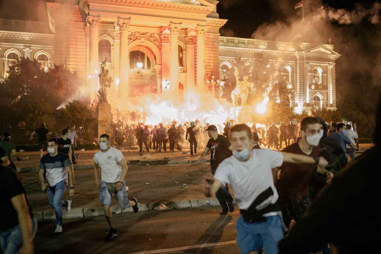 Protesters clash with police during an anti-government demonstration in Belgrade, Serbia, on Friday, July 10. <a href="https://edition.cnn.com/world/live-news/coronavirus-pandemic-07-08-20-intl/h_570a4c52facd841fd36b61439b06ef63" target="_blank">People were protesting against President Aleksandar Vucic</a> after he announced a weekend-long curfew to try to combat a surge in coronavirus cases.