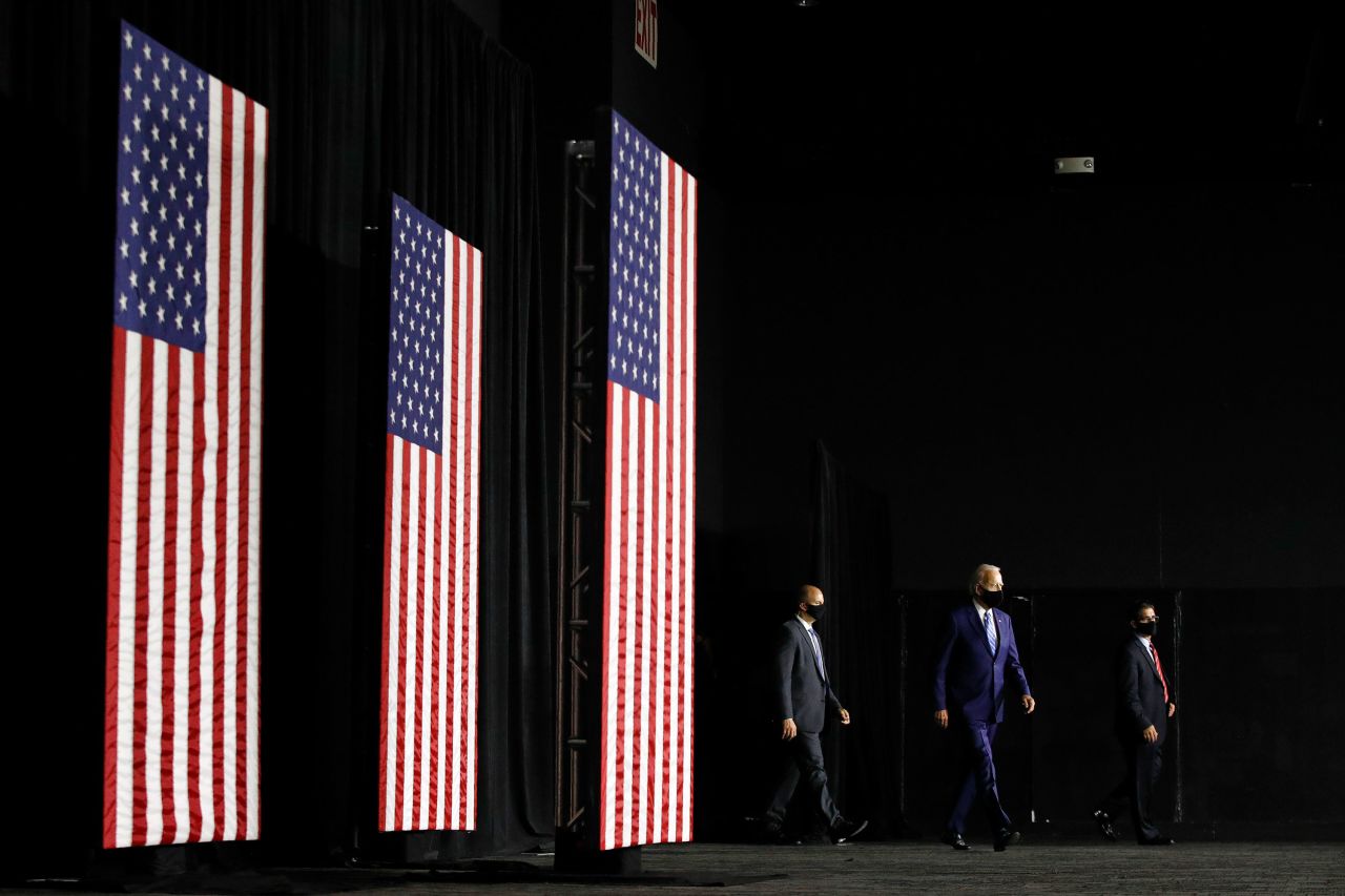 Former US Vice President Joe Biden, the Democratic Party's presumptive presidential nominee, arrives to speak at a <a href="https://www.cnn.com/2020/07/14/politics/joe-biden-clean-energy-plan/index.html" target="_blank">campaign event</a> in Wilmington, Delaware, on Tuesday, July 14.