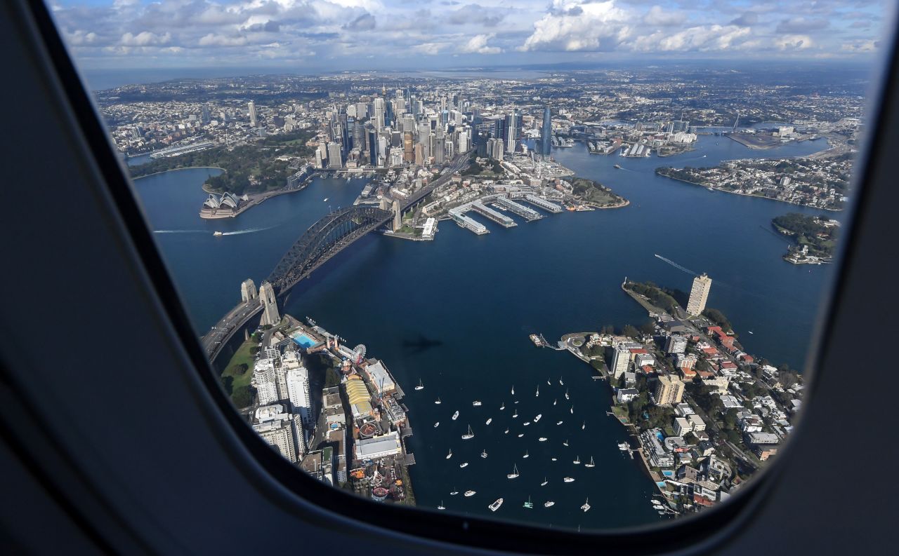 Sydney Harbour can be seen from the window of a Qantas Boeing 747-400 on Monday, July 13. Qantas is retiring the Boeing 747 from its fleet this month.