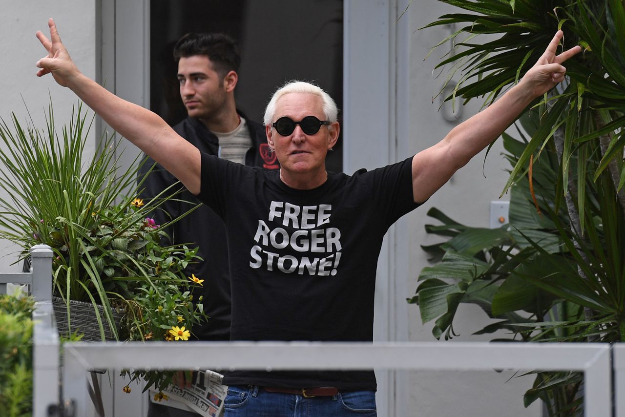 Roger Stone gestures outside his residence in Fort Lauderdale, Florida, on Sunday, July 12, a couple of days after US President Donald Trump, his longtime friend and ally, <a href="https://www.cnn.com/2020/07/10/politics/trump-stone-prison-clemency/index.html" target="_blank">commuted his prison sentence.</a> Stone was convicted in November of seven charges — including lying to Congress, witness tampering and obstructing a congressional committee proceeding — as part of special counsel Robert Mueller's Russia investigation.