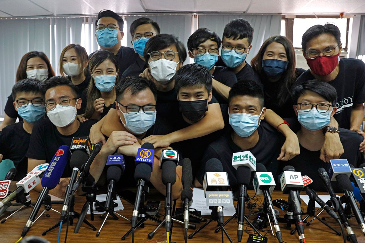 Pro-democracy activists who won opposition primaries attend a news conference in Hong Kong on Wednesday, July 15. <a href="https://www.cnn.com/2020/07/12/asia/hong-kong-democratic-primary-election-intl-hnk/index.html" target="_blank">The vote,</a> held 10 days after China imposed a sweeping new security law on the city, was designed to narrow down the number of pro-democracy candidates for September's elections to the city legislature. The government has already hinted that it may bar potentially dozens of candidates from those elections under the new security law.