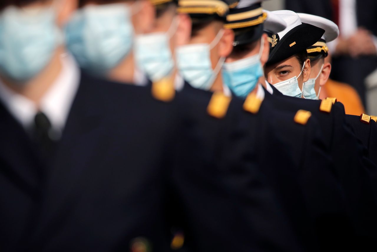 Soldiers wear face masks prior to the Bastille Day parade in Paris on Tuesday, July 14.